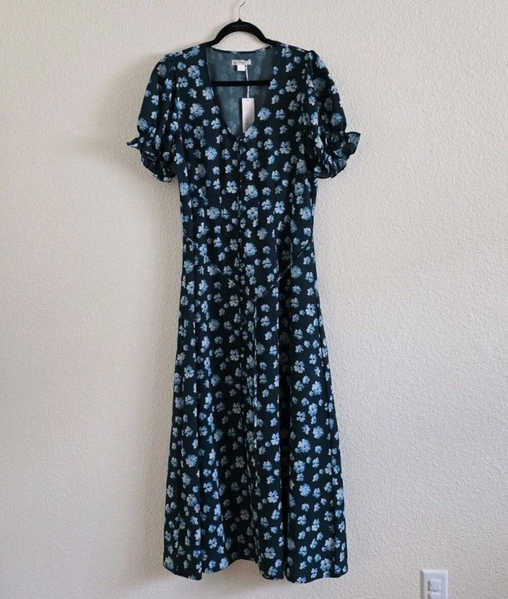 Outerknown Dress Size Large Green Floral Romantic Puffed Sleeves Flowy Summer - Picture 2 of 9